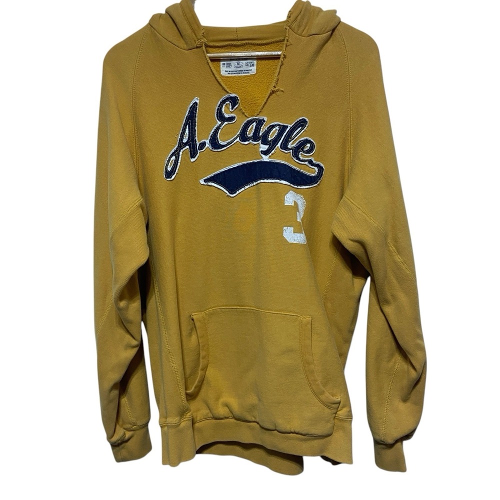 American Eagle Hoodie Mens L Yellow Vintage Embroidered Y2K Hoodie Heavyweight